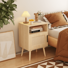 Rattan Nightstand with Drawer and Open Shelf Natural