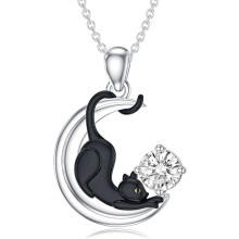 Black Cat Birthstone Necklace Moon Pendant Jewelry for Women
