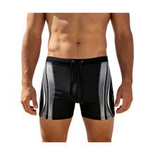 Mens Swimming Contrast Color Side Stripe Drawstring Slim Fit Square Leg Swim Trunks Gray XXL