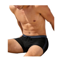 Mens Swimming Contrast Color Side Stripe Drawstring Slim Fit Square Leg Swim Trunks Black & Gray XXXL
