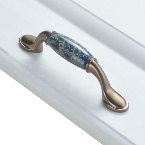 Gold Brass Cabinet Knobs Round Blue Ceramic Pulls 4 Pack
