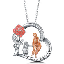 S925 Sterling Silver Mother Daughter Heart Pendant Necklace