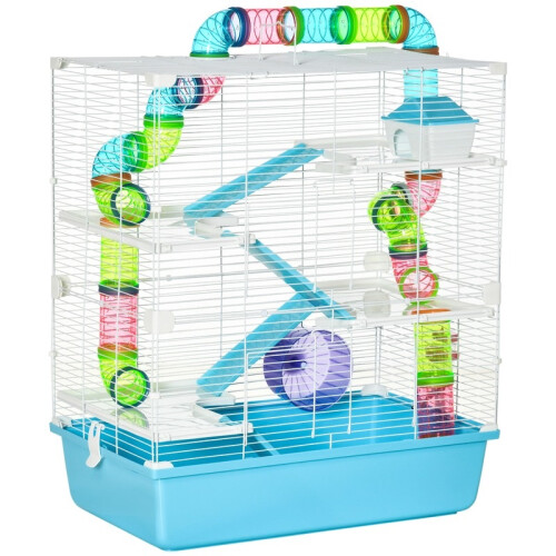 Cage à hamster à 5 niveaux avec roue d'exercice, rampe, biberon et accessoires