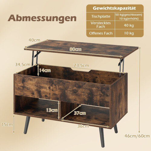 Mesa de centro ajustable con tapa elevable y estantes de almacenamiento