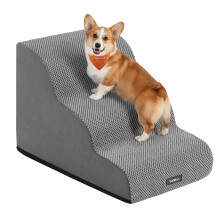 Feandrea 3-Step Dog Stairs, Waffle-Patterned Corduroy Dog Steps for Bed, Sofa, W