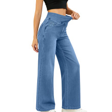 Women High Waist Straight Leg Jeans with Pockets Denims-Blue M