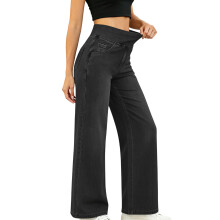 High Rise Women Jeans with Pocket Elastic Waist Wide-Black XL