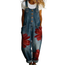 Dames bloemen denim overall met verstelbare bandjes voor-Rode S