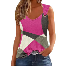 Women's Summer Tank Top Color Block Print Sleeveless Round