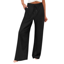 Women's Black Cotton-Linen Wide Leg Pants High Waist with