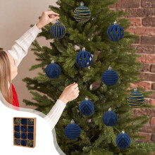 Flocked Christmas Balls Blue Set 12 Pieces