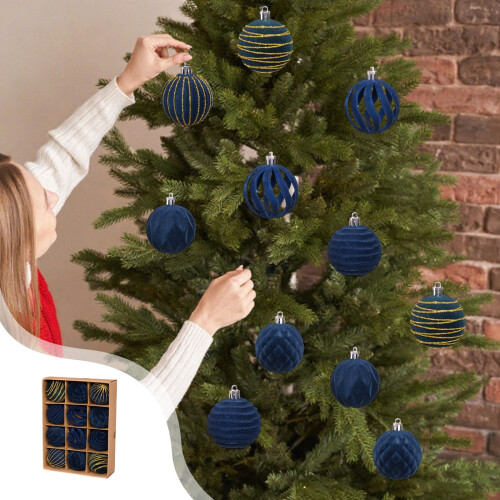 Flocked Christmas Balls Blue Set 12 Pieces