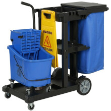 Chariot de nettoyage à roulettes avec 3 étagères, essoreuse à serpillière et sac à déchets