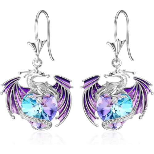 Dragon Earrings Sterling Silver Drop with Crystal