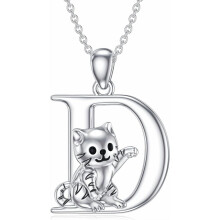 Cat Initial Pendant Necklace Silver Alphabet A-Z