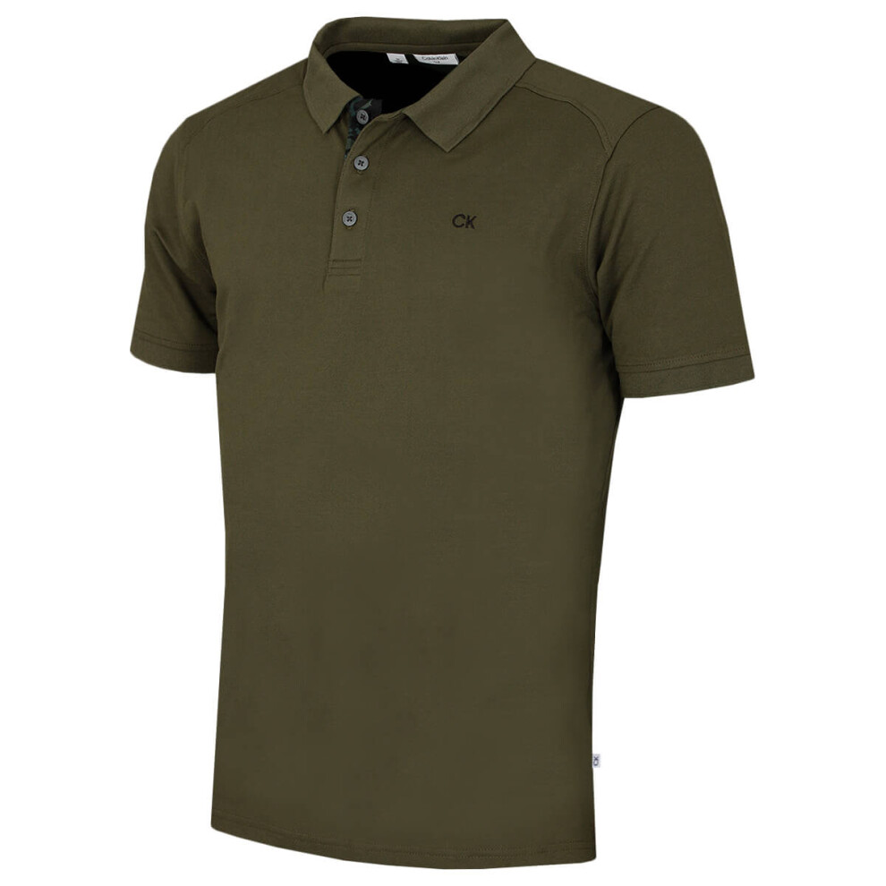 Calvin Klein (L, Olive Camo) Mens 2026 Campus 3 Button Ribbed Collar Golf Polo Shirt