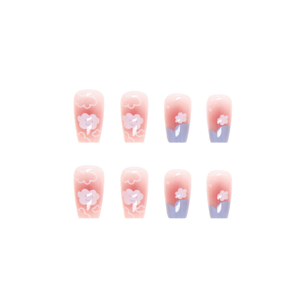 Roc-Electron 24Pcs Blush Pink Coffin Press On Nails - Cloud Design