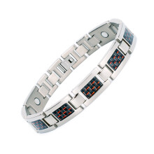 Herrenarmband aus Titanstahl und Kohlefaser mit Gliederkette, silberfarben mit rotem Akzent, robustes Armband