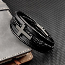 Schwarzes Lederarmband mit Kreuz für Herren, 18,5 cm, christlicher Schmuck, Geschenkidee für Ihn, lässiger Stil