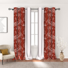 Red blackout curtains with floral print, 42" x 108", set of