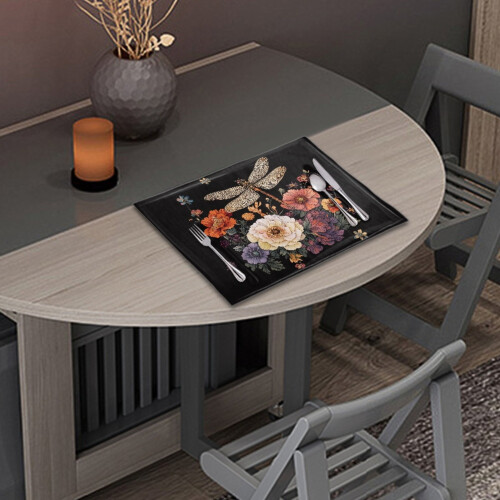 Floral Butterfly Black Placemats 4PCS Absorbent Washable 1