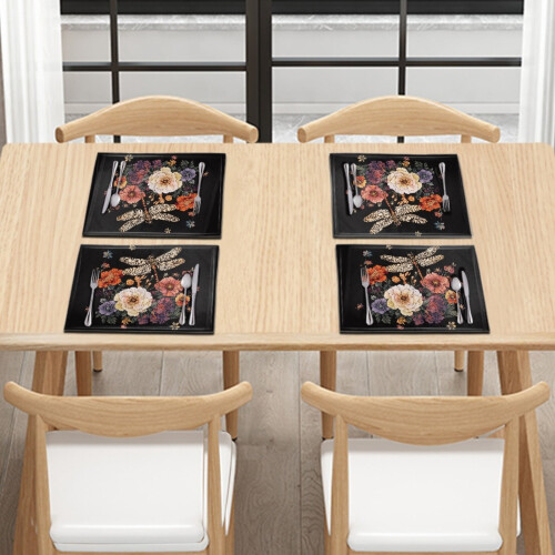 Floral Butterfly Black Placemats 4PCS Absorbent Washable 2