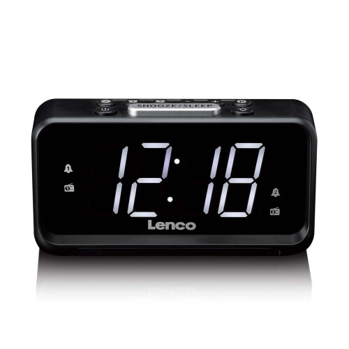 Rádio-relógio FM com visor LED, luz noturna e porta USB.