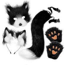 Ensemble masque de renard en peluche pour Halloween, griffes d'animal, oreilles de renard simulées, serre-tête, queue d'anima