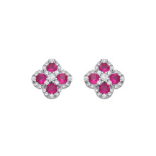 Jewelco London Rhodium Plated Sterling Silver Red CZ Clover Kiss Quatrefoil Cluster Stud Earrings - EAG1317