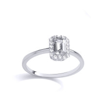 (P) Jewelco London Ladies Rhodium Plated Sterling Silver Emerald CZ Rectangular Halo Solitaire Engagement Ring - GVR904