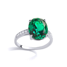 (P) Jewelco London Ladies Rhodium Plated Sterling Silver Green Oval CZ Shoulder Set Solitaire Cocktail Ring - GVR892