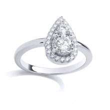 (Q) Jewelco London Rhodium Plated Sterling Silver CZ Pearl Halo Solitaire-Style Duology Cluster Engagement Ring - GSR1030