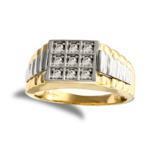 (Z+2) Jewelco London Men's 9ct Yellow and White Gold White Round Cubic Zirconia 9 Stone Square Cluster Signet Ring - JRN204