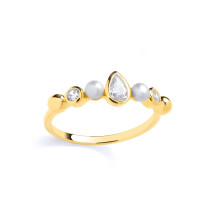 (N) Jewelco London Yellow Gold-Plated Sterling Silver Pear Pearl & CZ Golden Bezel Halo Bubble Eternity Ring - GSR1078