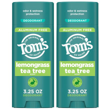 Tom's of Maine Lemongrass Tea Tree Aluminum Free Natural Deodorant For Women & Men | Goes on Clear | Odor & Wetness Protection | 3.25 oz (2 Pack)