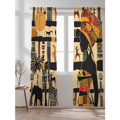 Sheer Curtains African Giraffe Elephant Beige Voile 2 1