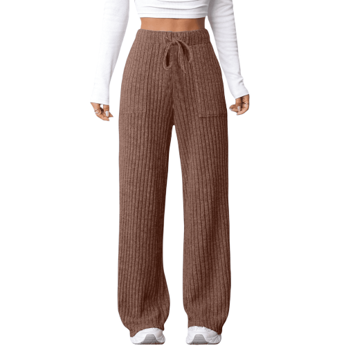 Women's Thermal Brown Joggers with Pockets Tummy Control