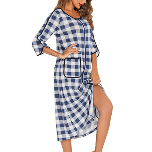 Women's Plaid Robe with Zipper Front and Pockets S-2XL 2