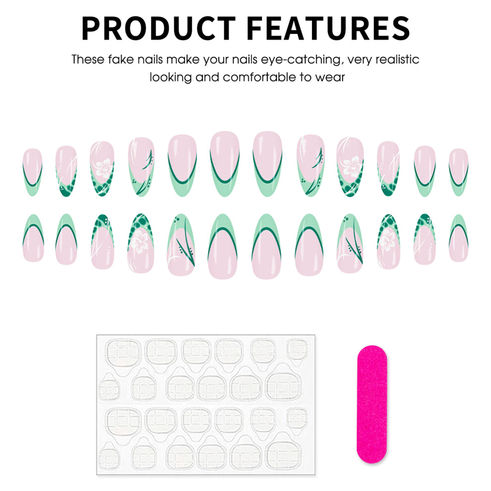 Creation-3C 24Pcs Mint Green French Floral Ombre Fake Nails