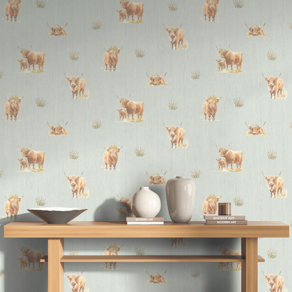 Blue Highland Cow Wallpaper Subtle Wood Grain Texture Feature 5061103679260