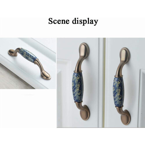 Brass Cabinet Knobs Vintage Blue Ceramic Round Pulls 6 pcs 2