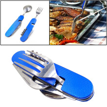 Posate pieghevoli da viaggio e campeggio 6 in 1 in acciaio inox con cucchiaio, forchetta, coltello, apribottiglie, colore blu