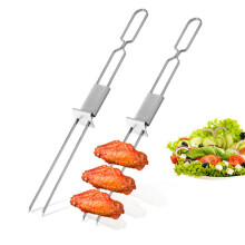 2 Stück Edelstahl halbautomatische Doppelkopf-Grillgabel für das Grillen im Freien, langlebiges Fleischspieß-Werkzeug