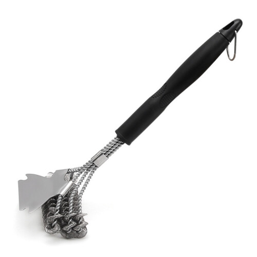 Three-Headed Spring Wire BBQ Grill Brush with Shovel-Style Scraper, Durable Cleaning Tool for Grates