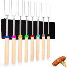 Ausziehbare Grillgabel aus Holz für Marshmallows mit Aufbewahrungstasche, tragbarer Bratspieß für Camping und Outdoor-Kochen
