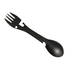 2-delige 5-in-1 roestvrijstalen kampeer- en overlevingstoolset met vork, mes, lepel, flesopener en blikopener, zwart