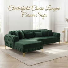 (Left Hand Chaise, Velvet Green) Luxury Chesterfield Chaise Sofa Longue Velvet L Shape Corner Settee Couch Loveseat