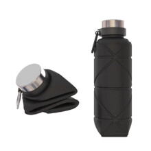 Cupán Uisce Fillte Silicone 700ml le Carabiner, Cupán Óil Iniompartha le hAistriú Taisteal, Dubh, Marthanach agus Éadrom
