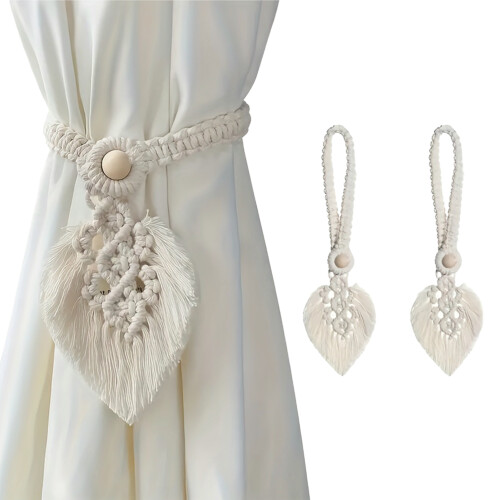 (White) Boho Cotton Curtain Tiebacks, 2PCS, No Tools Needed 1