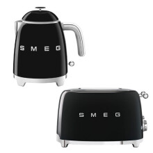 (Black) Smeg KLF05 Retro 50's Style Small Mini Kettle 0.8L & TSF03 Retro 4-Slice Toaster Set